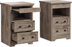 LIKIMIO Nightstand Set of 2, Night Stand with Pull Out Tray, Wooden Bedside Table with 2 Drawers and Open Shelf, Side Table for Bedroom, Grey