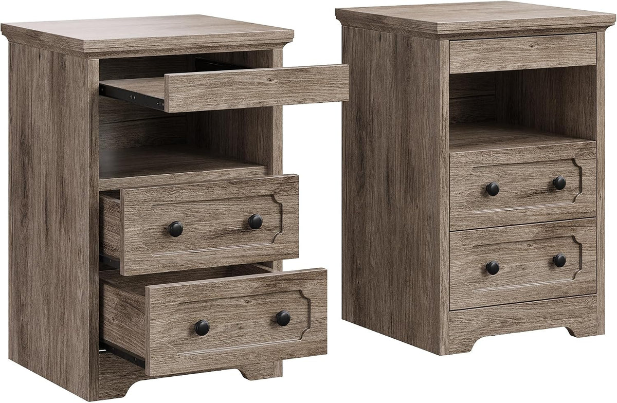 LIKIMIO Nightstand Set of 2, Night Stand with Pull Out Tray, Wooden Bedside Table with 2 Drawers and Open Shelf, Side Table for Bedroom, Grey