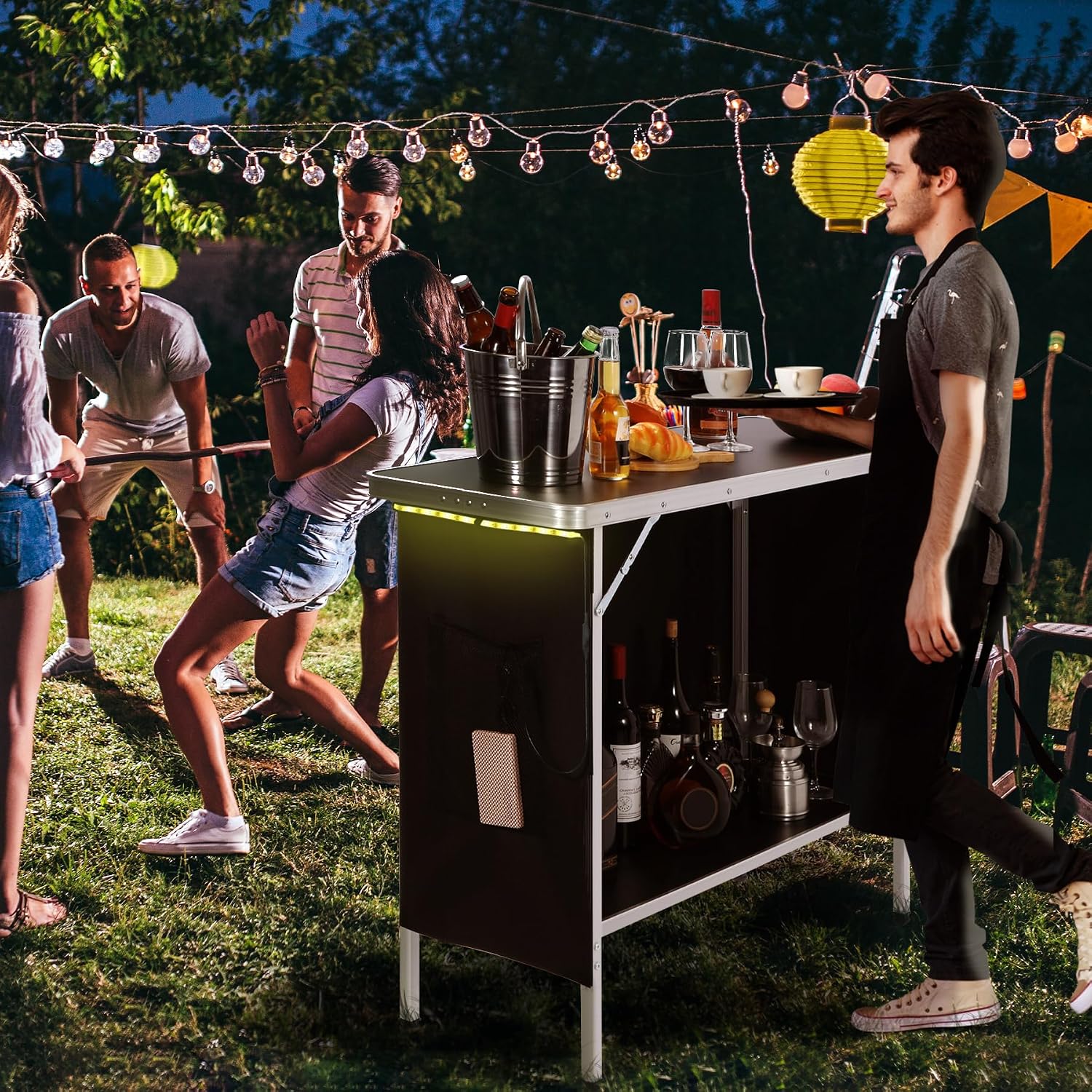 43" Long Portable Bar Table with Remote-Controlled Multi-Color LED Lights, Foldable Mobile Bartender Table for Party, 43"x33"x15" Storage Shelf, Waterproof MDF Top & Removable Skirt (Black)