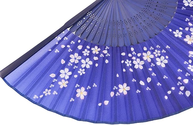 Amajiji 8.27"(21cm) Hand Held Bamboo Silk Folding Fan Hand Fan,Chinese/Japanese Charming Elegant Vintage Retro Style,Women Ladys Girls Best Gifts (Blue)