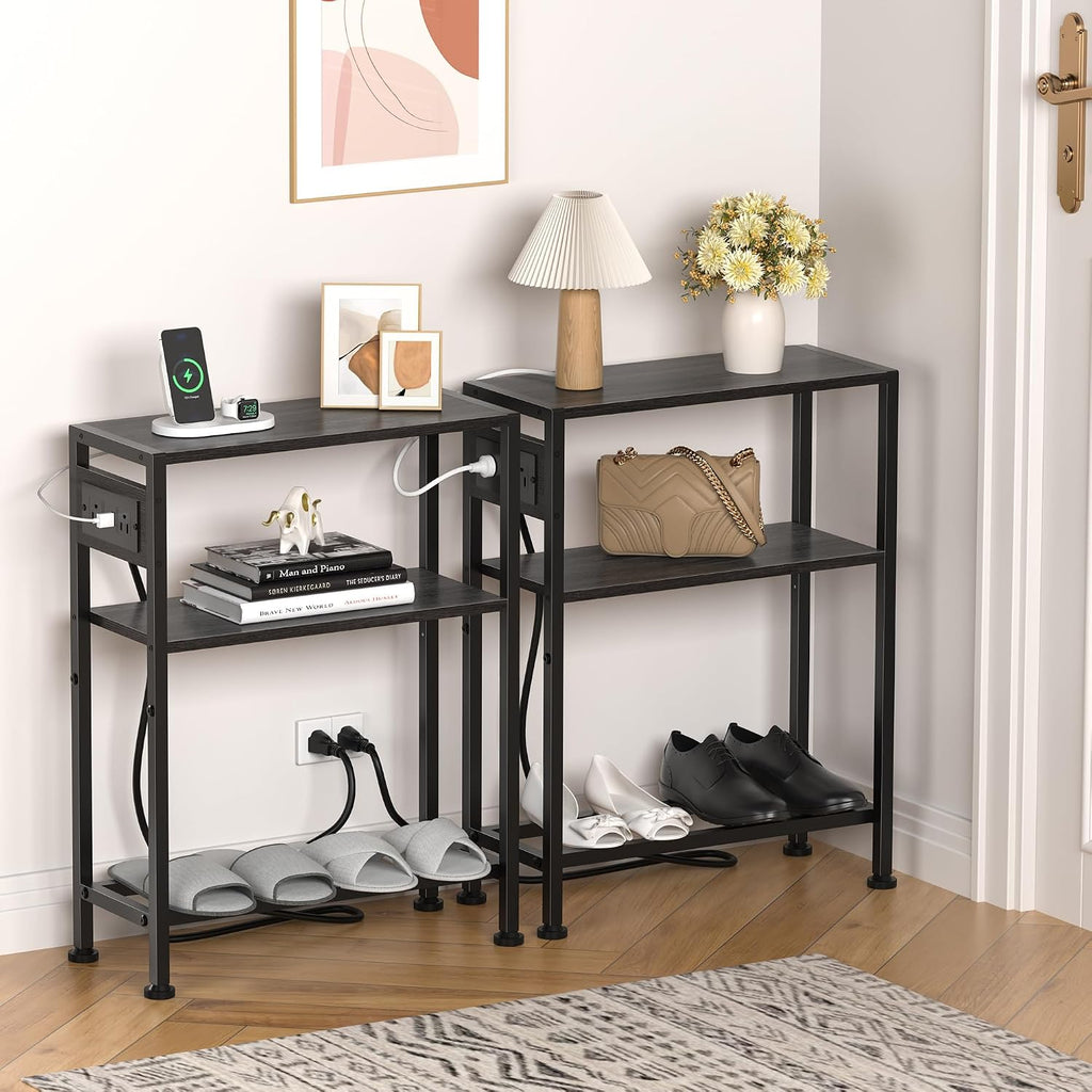 Small Narrow Side Table with Charging Station, Skinny End Table for Small Spaces, Slim Nightstand with Outlets, Sofa Bedside Table in Living Room, Bedroom, Study, Kitchen and Balcony(Grey)