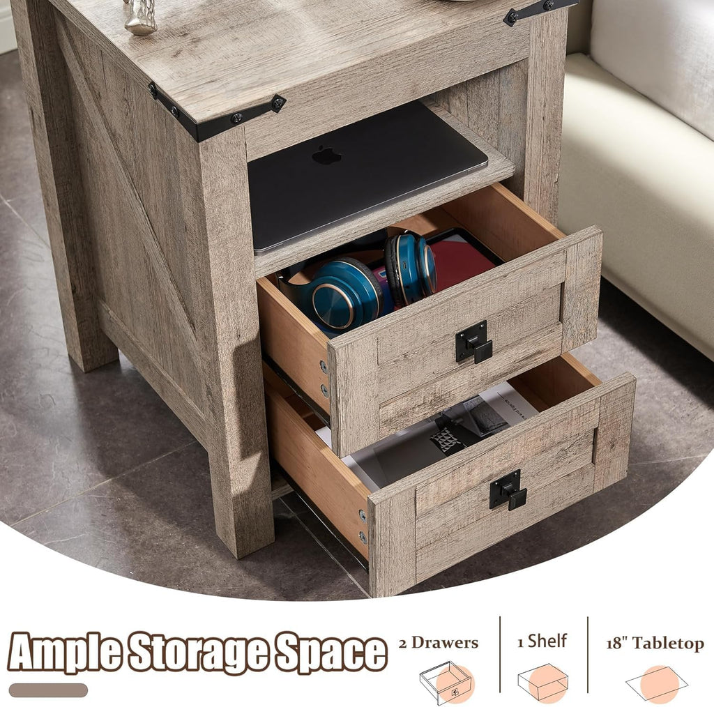 T4TREAM Farmhouse Nightstand Set of 2, Rustic End Table with 2 Drawers, Charging Station, Storage Open Shelf for Bedroom, Living Room, Wood Side Table, Light Rustic Oak
