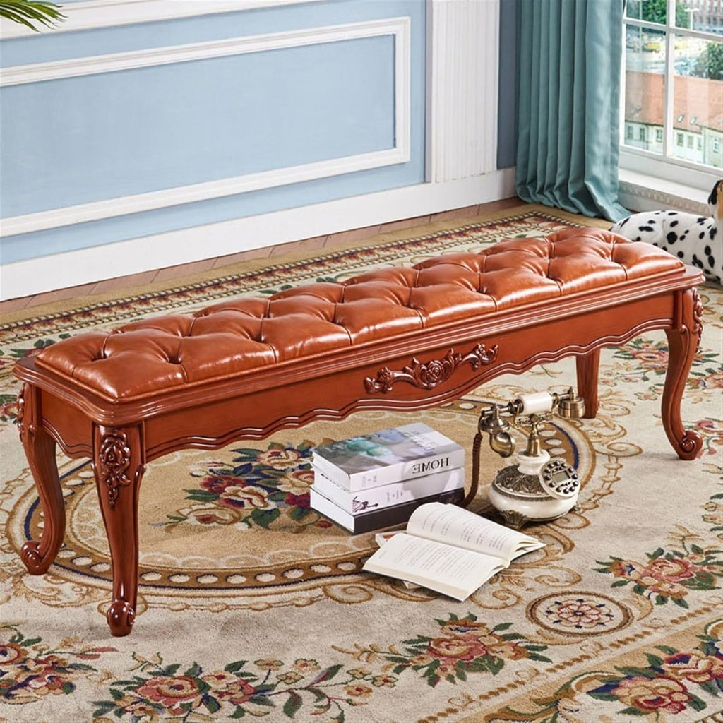 Modern Brown Retro Bedroom Decorative Bench Wooden Simple Bedside Upscale PU Leather Sofa Entryway
