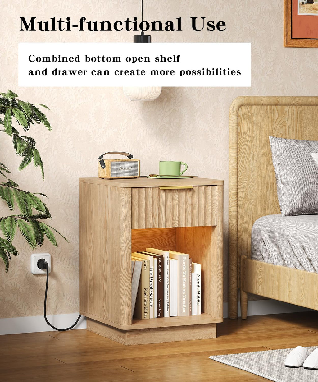 Akxomel Fluted Nightstand Set 2 Bedside Table with Charging Station Oak | Wooden Side Table with LED Light, Modern Mid Century End Table with Drawer, 15" D x 15.7" W x 22.6" H, for Bedroom