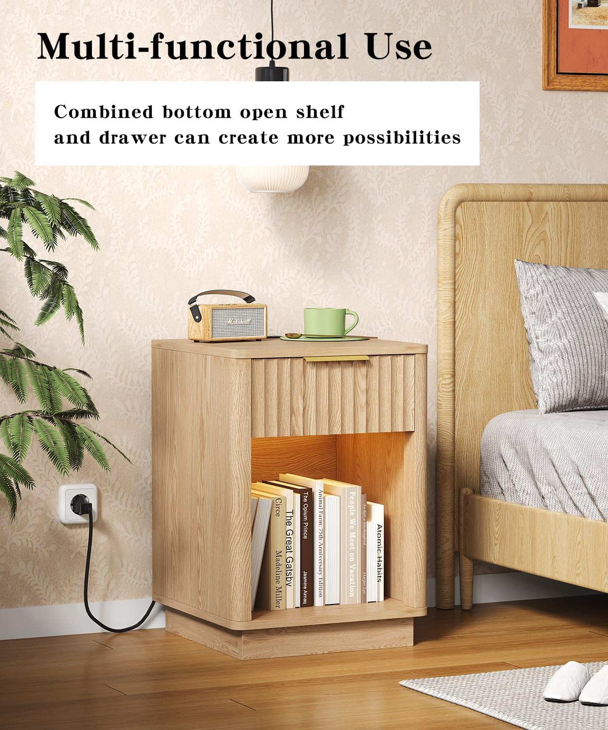 Akxomel Fluted Nightstand Set 2 Bedside Table with Charging Station Oak | Wooden Side Table with LED Light, Modern Mid Century End Table with Drawer, 15" D x 15.7" W x 22.6" H, for Bedroom
