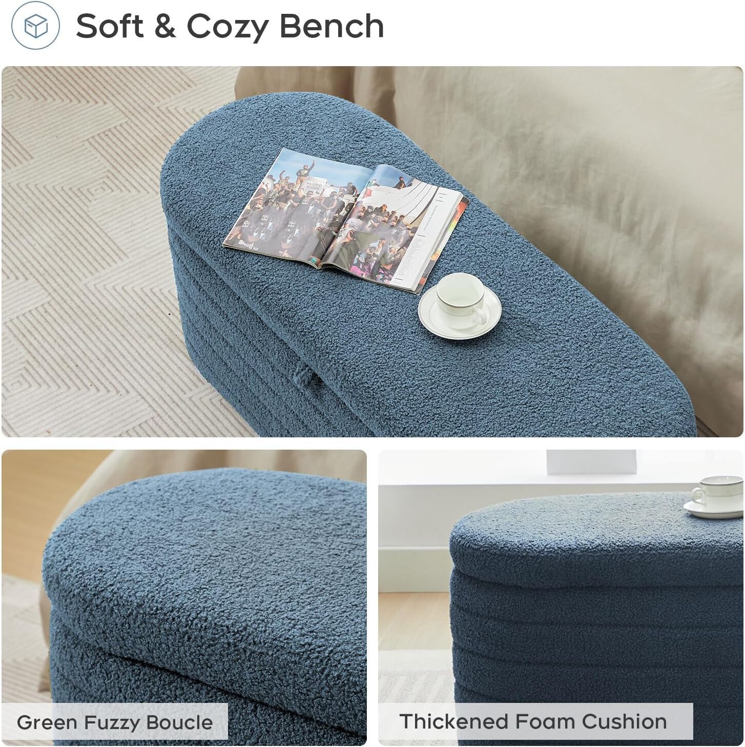 Storage Ottoman Bench End of Bed for Bedroom,45 inch Boucle Upholstered Entryway Shoe Seat Bench w/Storage,Sherpa Modern Padded Blanket Chest Stool Foot Rest for Living Room,Window Seating,Blue