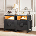 LGHM Set of 2 Fluted Nightstand with Charger Station Strip Lights, 20.47" W Night Stand with 2 Drawers, Large Accent Bed Side Table and End Table, Large Open Cubby, Raising H Legs,Black