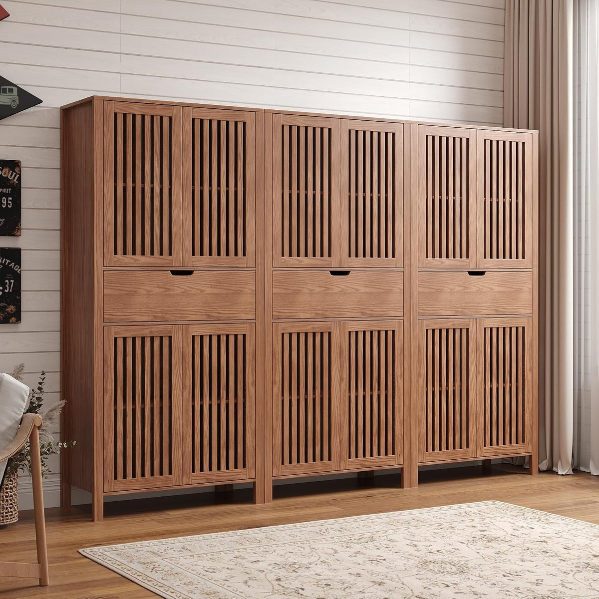 BVIUNTWO Set of 3 Farmhouse Tall Storage Cabinets, Wooden Kitchen Pantry Cupboards with Slatted Doors, Drawer & Adjustable Shelves for Kitchen, Dining & Living Room Storage, 68.8 Inch, Brown