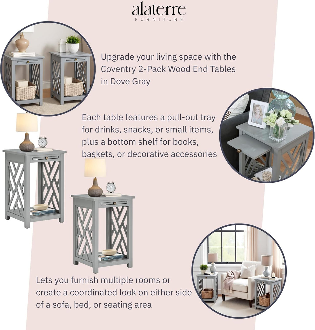 Alaterre Furniture Coventry 2-Pack Wood End Tables – Compact Side Tables with Pull-Out Tray, Bottom Shelf, and Open Square Side Panels – Easy Assembly Storage Tables for Living Room or Bedroom (Gray)