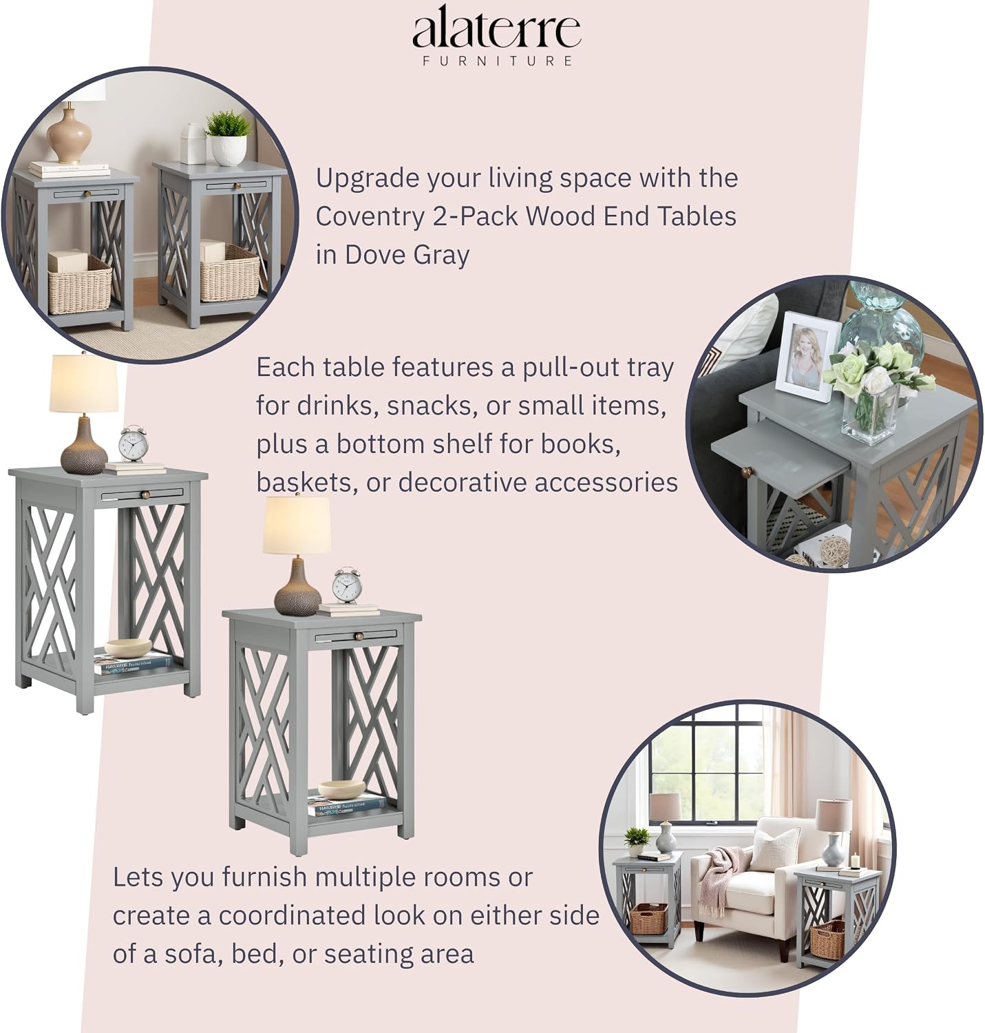 Alaterre Furniture Coventry 2-Pack Wood End Tables – Compact Side Tables with Pull-Out Tray, Bottom Shelf, and Open Square Side Panels – Easy Assembly Storage Tables for Living Room or Bedroom (Gray)