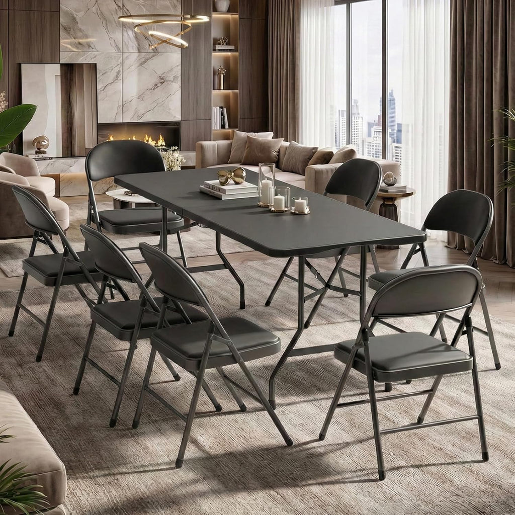 6FT Black Plastic Folding Table Set with 6 Black PU Padded Chairs | Portable Foldable Tables and Chairs for Parties Picnic Events Office Dining Outdoor Activities Home and Commercial Use