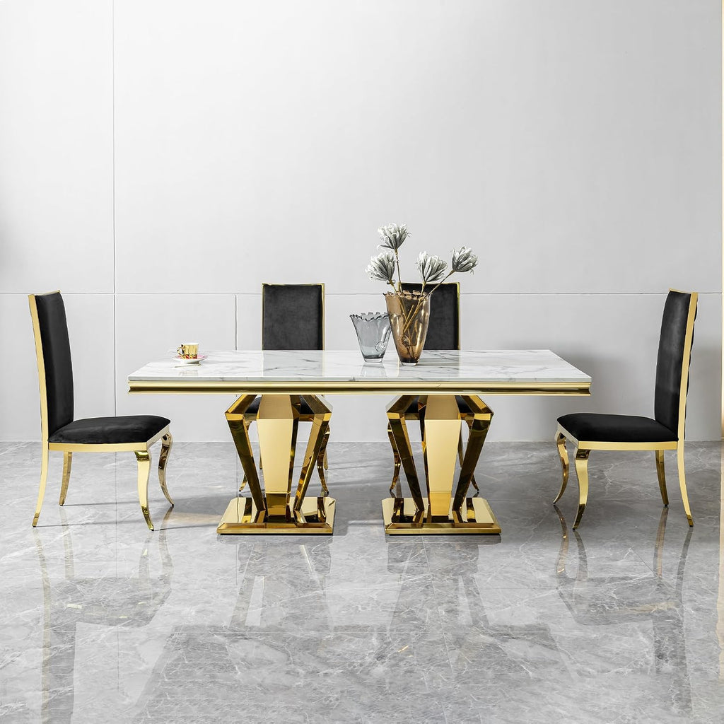 Modern Dining Table 66.9" Dining Room Table with Shiny Gold Stainless Steel Legs & Marble Grain Top for Kitchen,Dining Room,Rectangular