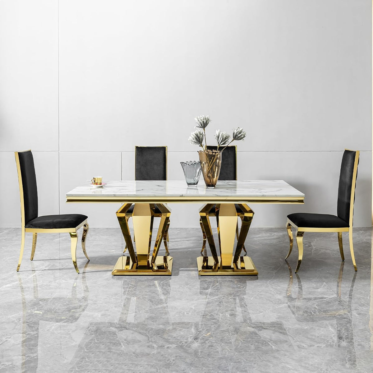 Modern Dining Table 66.9" Dining Room Table with Shiny Gold Stainless Steel Legs & Marble Grain Top for Kitchen,Dining Room,Rectangular