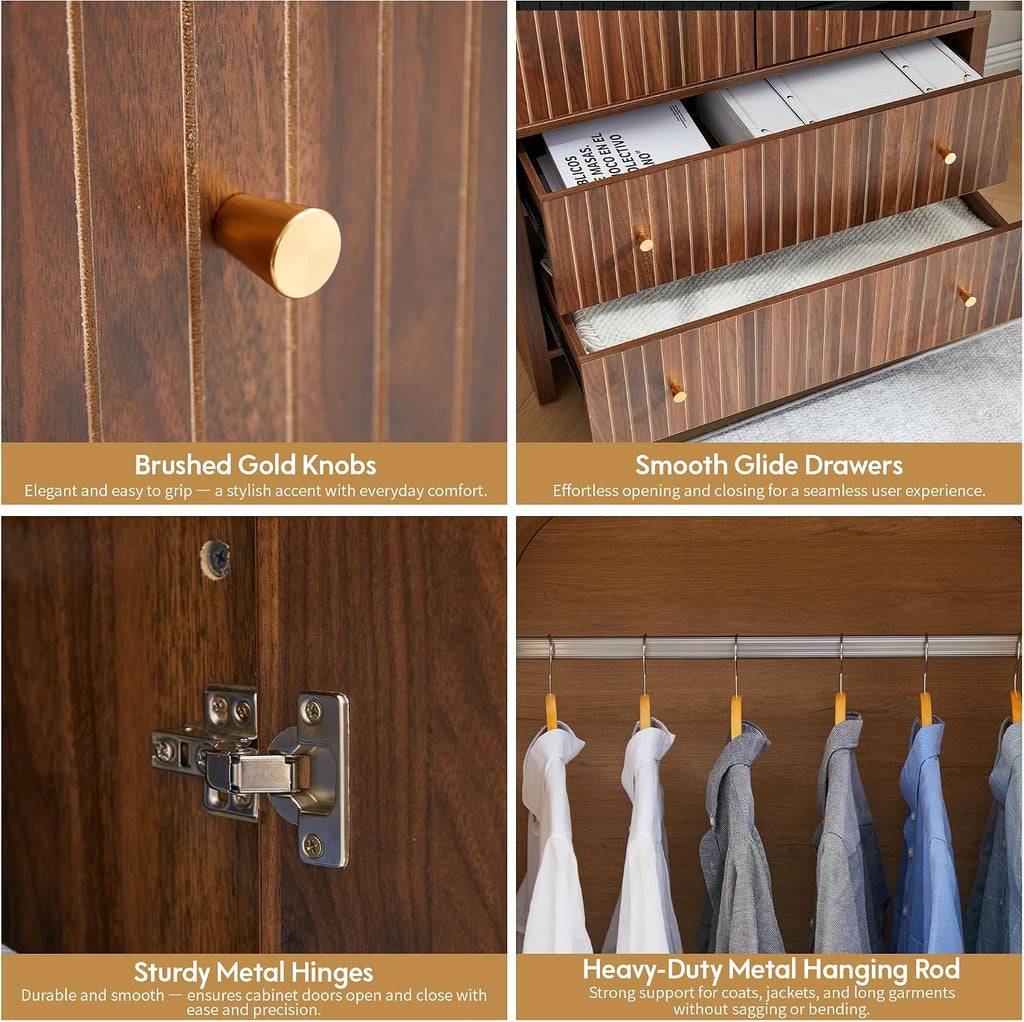 LEVNARY Arched Armoire Wardrobe Closet, Mid-Century Modern 2-Door Freestanding Wardrobe with Hanging Rod and 2 Drawers, Fluted Carved Clothing Storage Cabinet for Bedroom (Walnut)