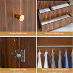 LEVNARY Arched Armoire Wardrobe Closet, Mid-Century Modern 2-Door Freestanding Wardrobe with Hanging Rod and 2 Drawers, Fluted Carved Clothing Storage Cabinet for Bedroom (Walnut)