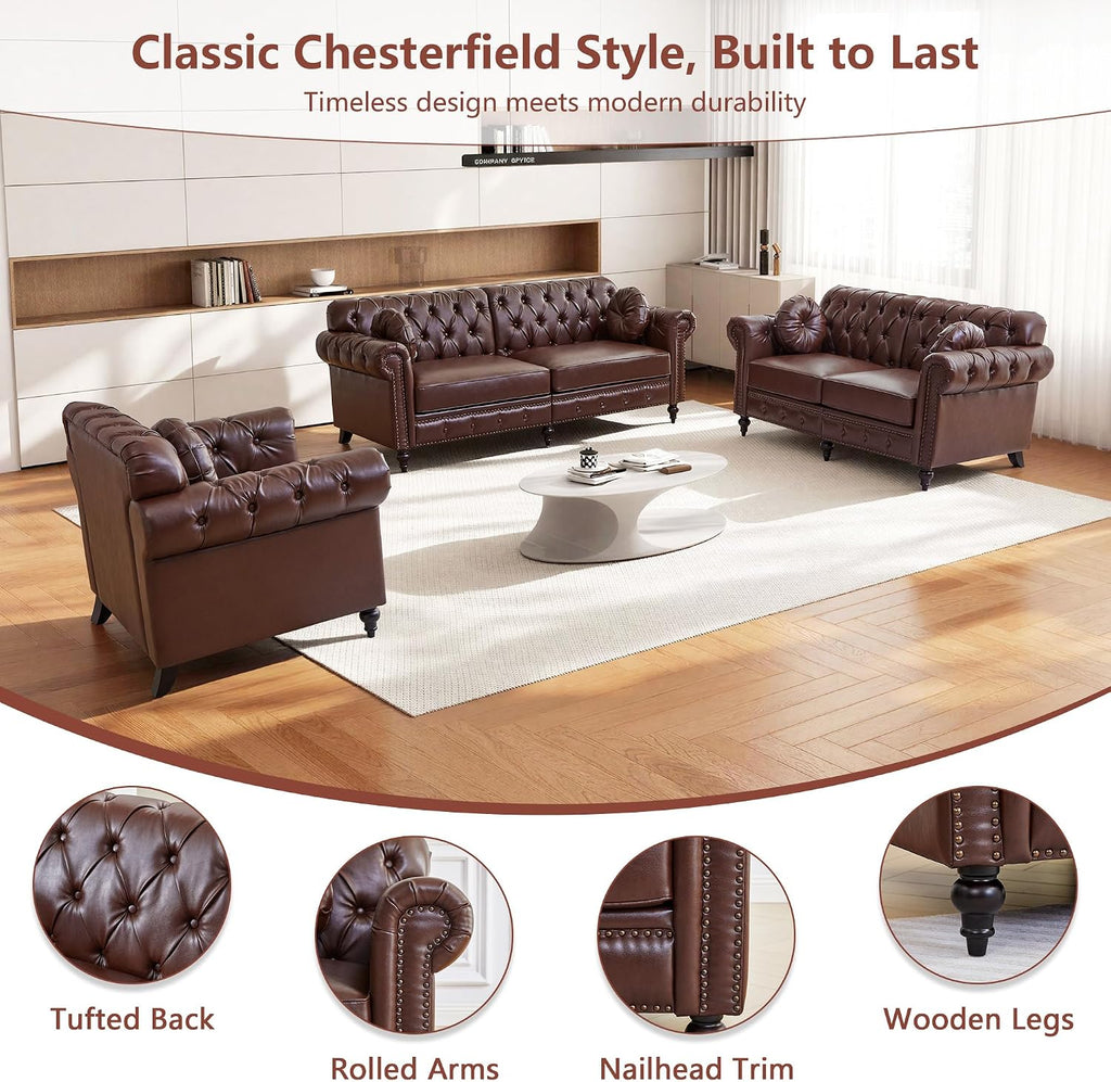 ORRD Chesterfield Small Loveseat, High Back Modern Faux Leather Couch with Button Tufted, Nailhead Trim, Rolled Arms, Extra Round Cushion – Classic Sofa for Living Room, Lounge, or Office, Dark Brown