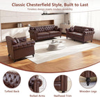 ORRD Chesterfield Small Loveseat, High Back Modern Faux Leather Couch with Button Tufted, Nailhead Trim, Rolled Arms, Extra Round Cushion – Classic Sofa for Living Room, Lounge, or Office, Dark Brown