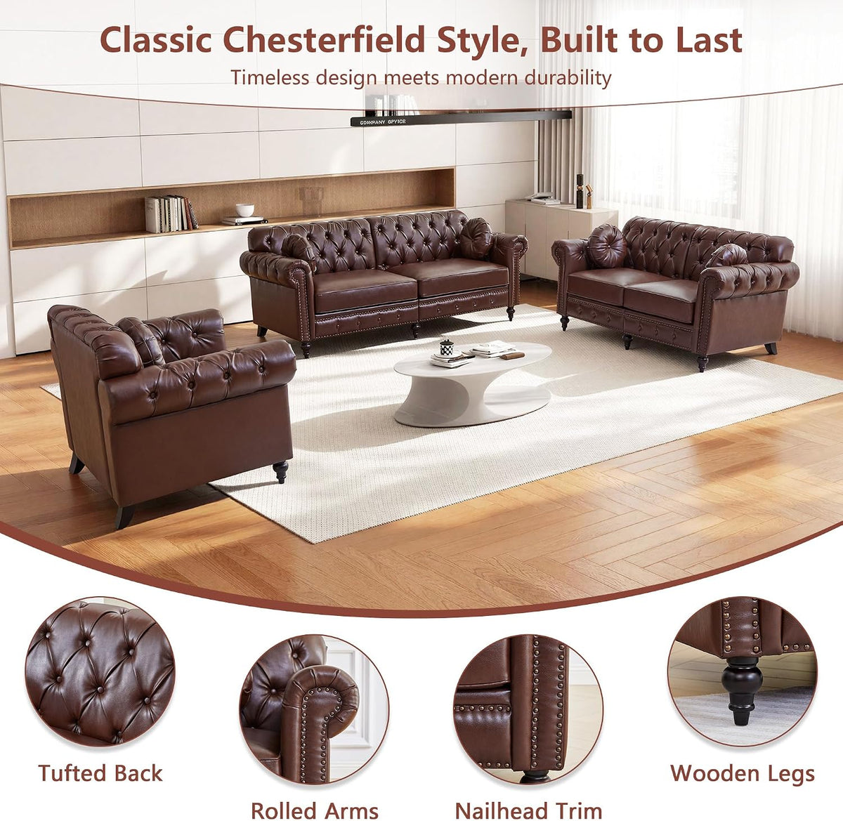 ORRD Chesterfield Small Loveseat, High Back Modern Faux Leather Couch with Button Tufted, Nailhead Trim, Rolled Arms, Extra Round Cushion – Classic Sofa for Living Room, Lounge, or Office, Dark Brown