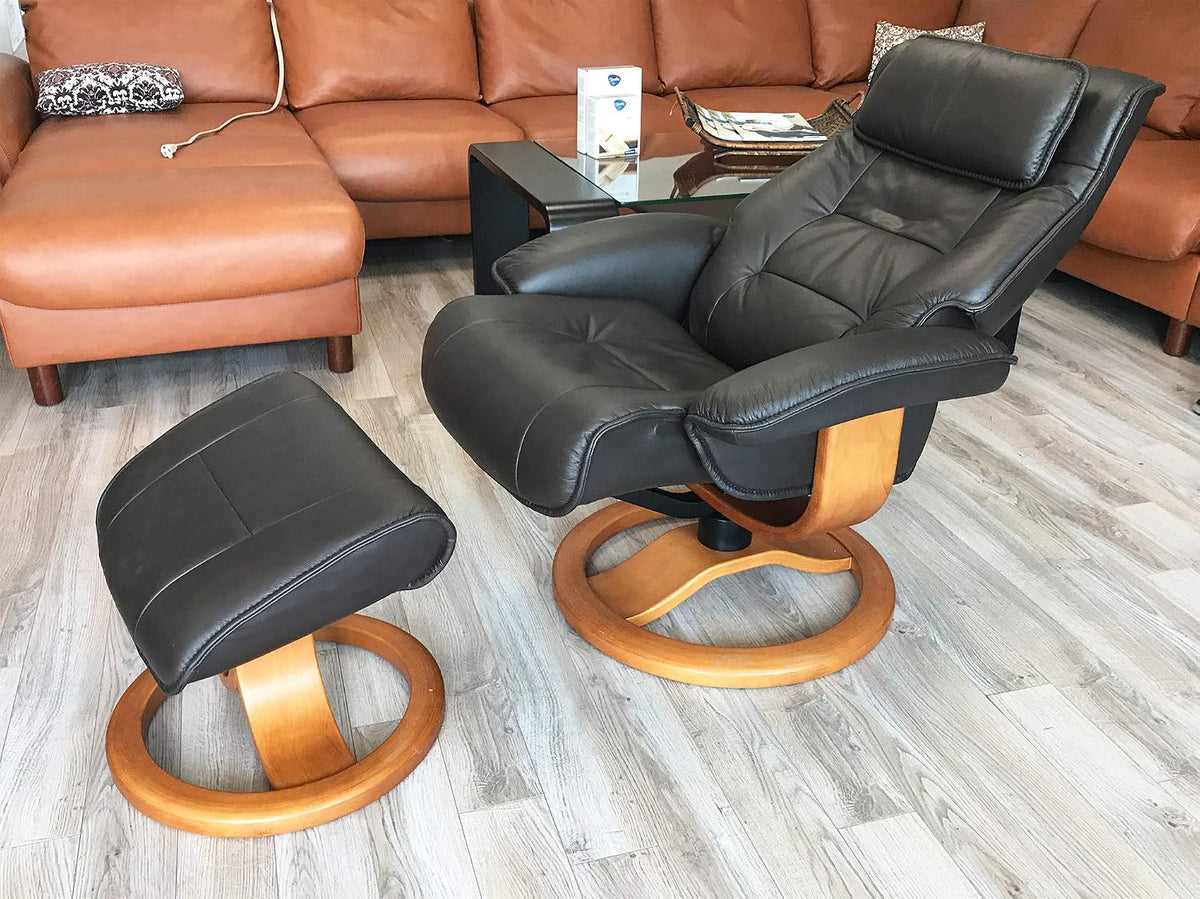 Fjords Mustang Large Leather Recliner Chair and Ottoman Norwegian Ergonomic Furniture Nordic Line Genuine Black Leather Cherry Wood