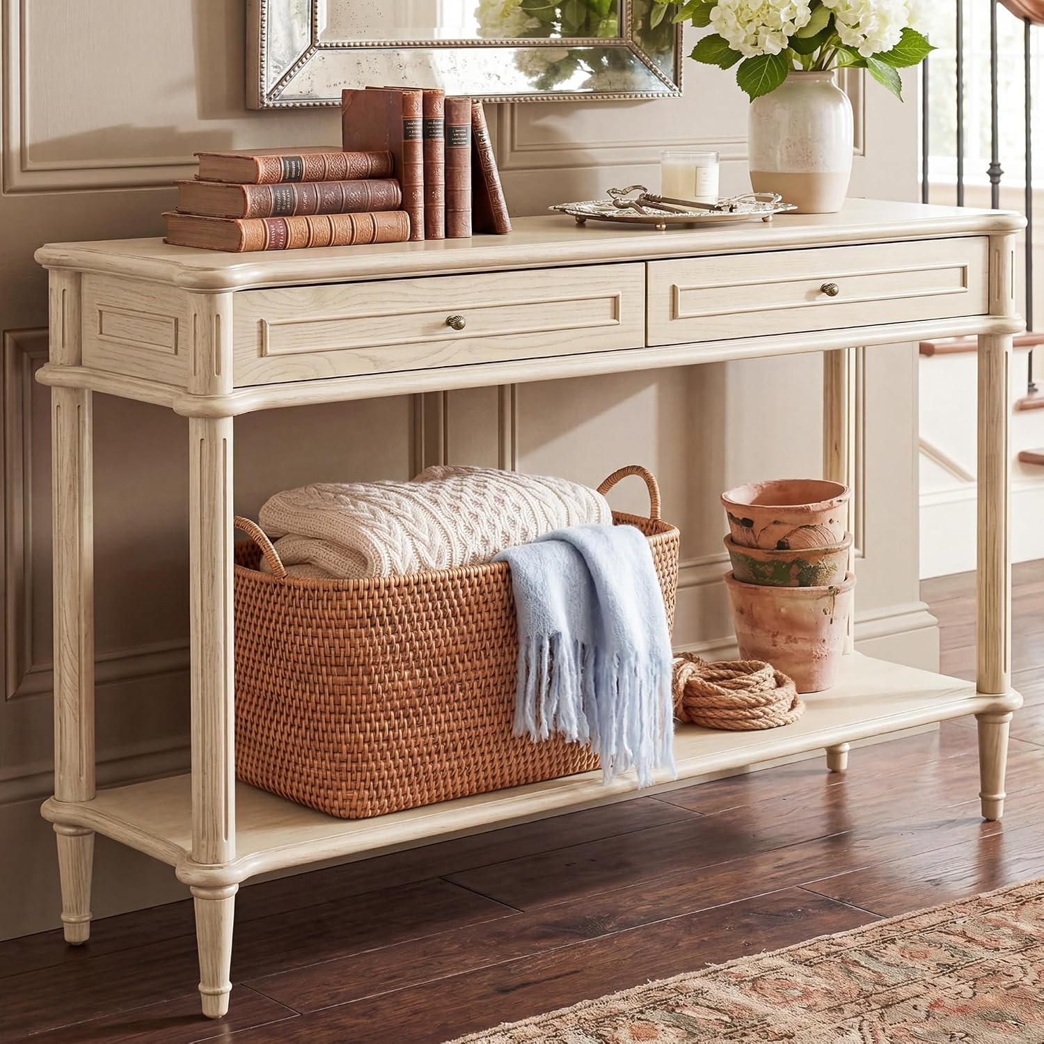 Solid Wood Console Table for Entryway with Charging Station,Retro Entryway Table with 2 Drawers-Easiest Assembly,Sofa Table with Bottom Shelf,Narrow Long Couch Table Behind Sofa for Living Room,Foyer