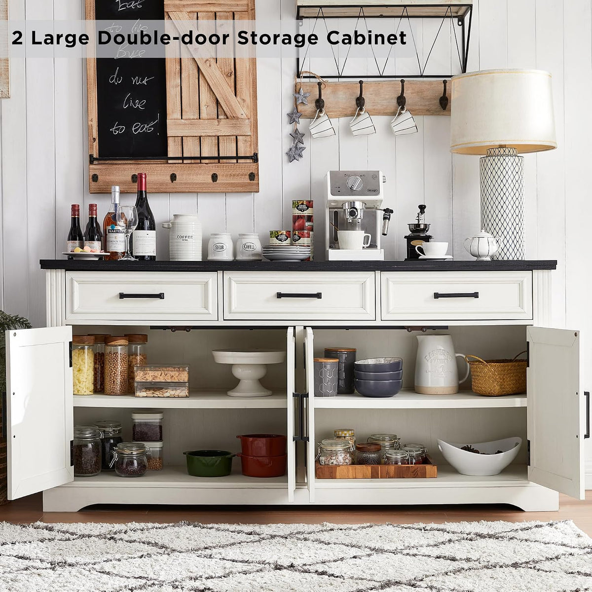 JXQTLINGMU 66" Farmhouse Buffet Cabinet with Storage, Sideboard Credenza, Carved Cloud-Inspired Doors, 3 Drawers & Adjustable Shelves, Coffee Bar Cabinet, Off White
