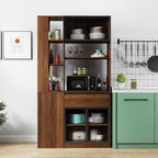 70.87" Tall Kitchen Pantry Cabinet with Multi-Tier Storage, Freestanding Food Hutch with 5 Drawers & 3 Glass Door and Microwave Stand, Coffee Bar Storage Cabinet Entrance Organizer, Walnut