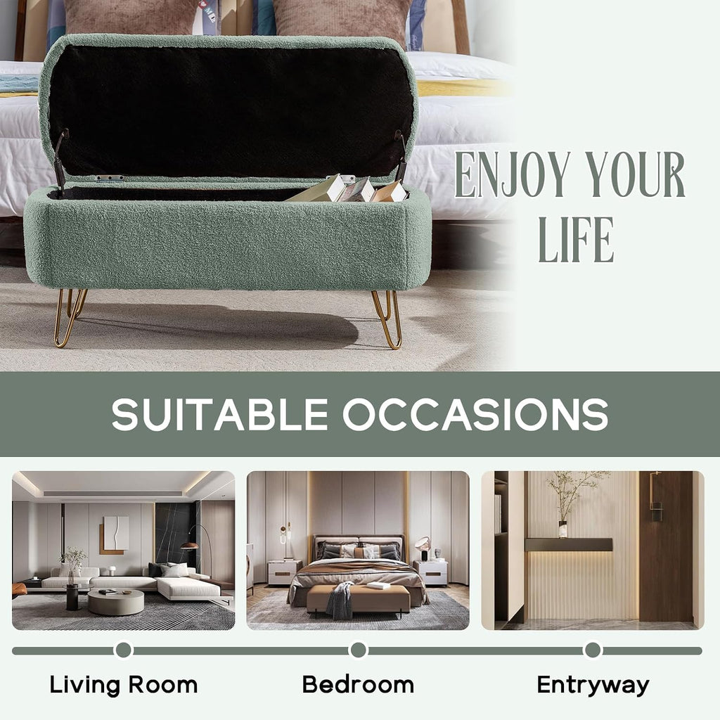 NIOIIKIT Storage Ottoman Bench, Comfy Faux Fur Upholstered Entryway Bench with Metal Legs, Bedroom Bench with Flip Top, Footrest Shoe Bench for Living Room, Bedroom (Olive Green)