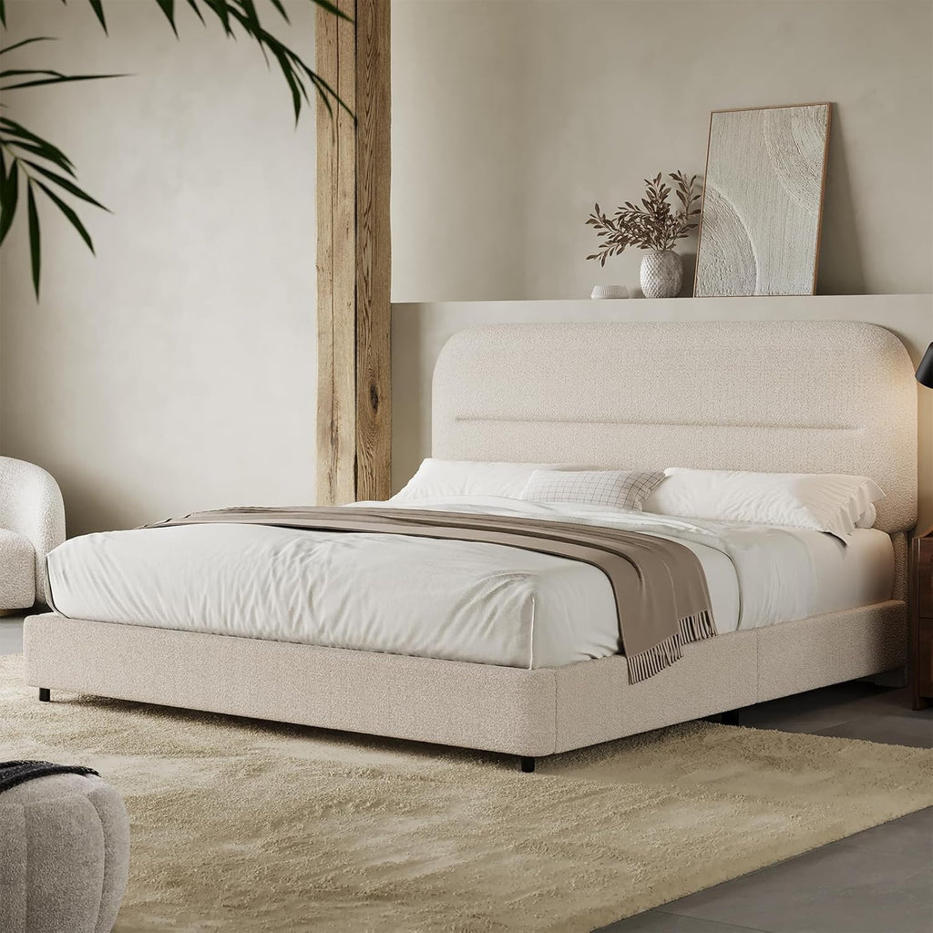 HOMBCK Queen Size Cloud Bed Frame, Cream Plush Boucle Upholstered Platform Bed, Adjustable Padded Headboard, Solid Wood Slat Support, Rounded Corners, Low‑Profile Design, No Box Spring Needed