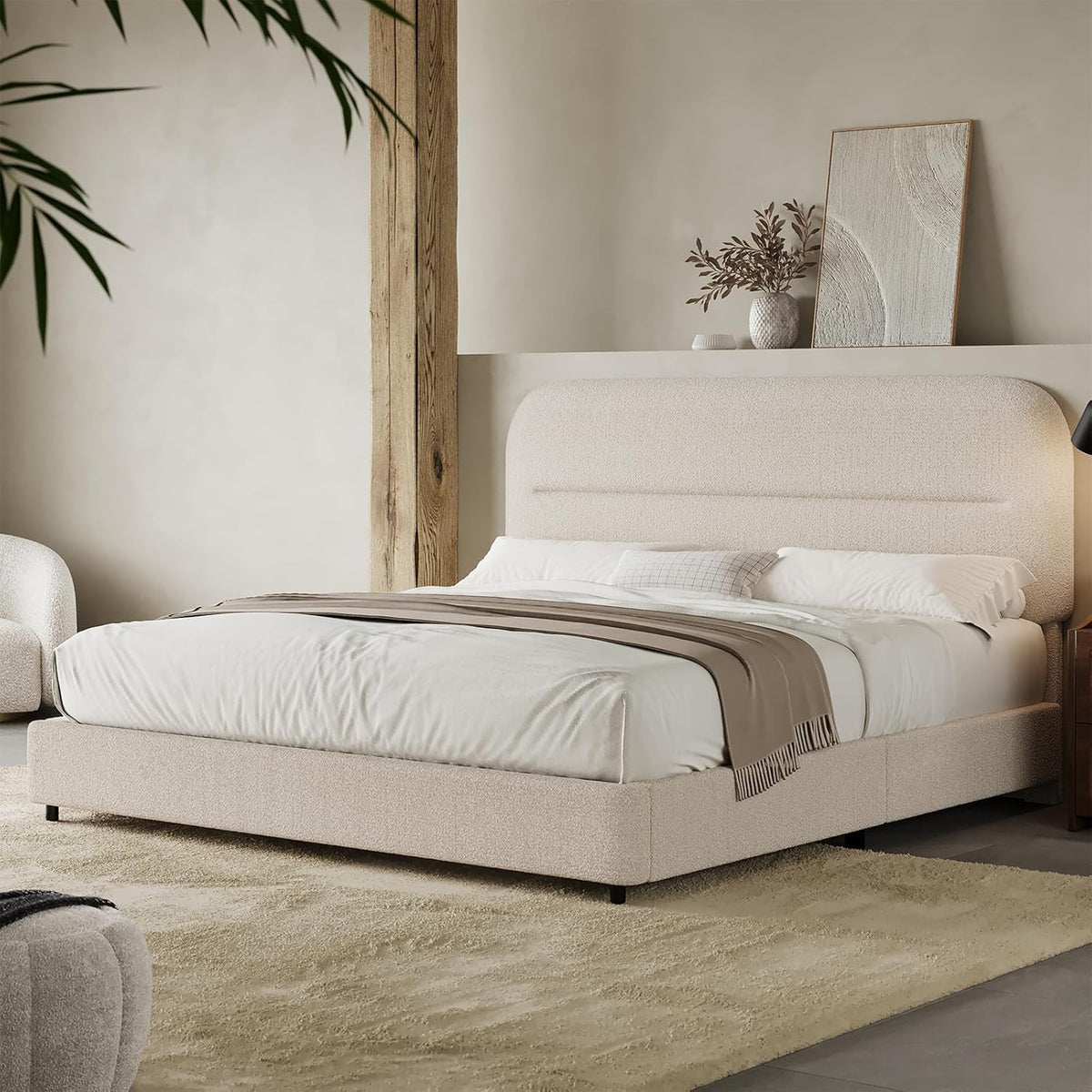 HOMBCK Queen Size Cloud Bed Frame, Cream Plush Boucle Upholstered Platform Bed, Adjustable Padded Headboard, Solid Wood Slat Support, Rounded Corners, Low‑Profile Design, No Box Spring Needed