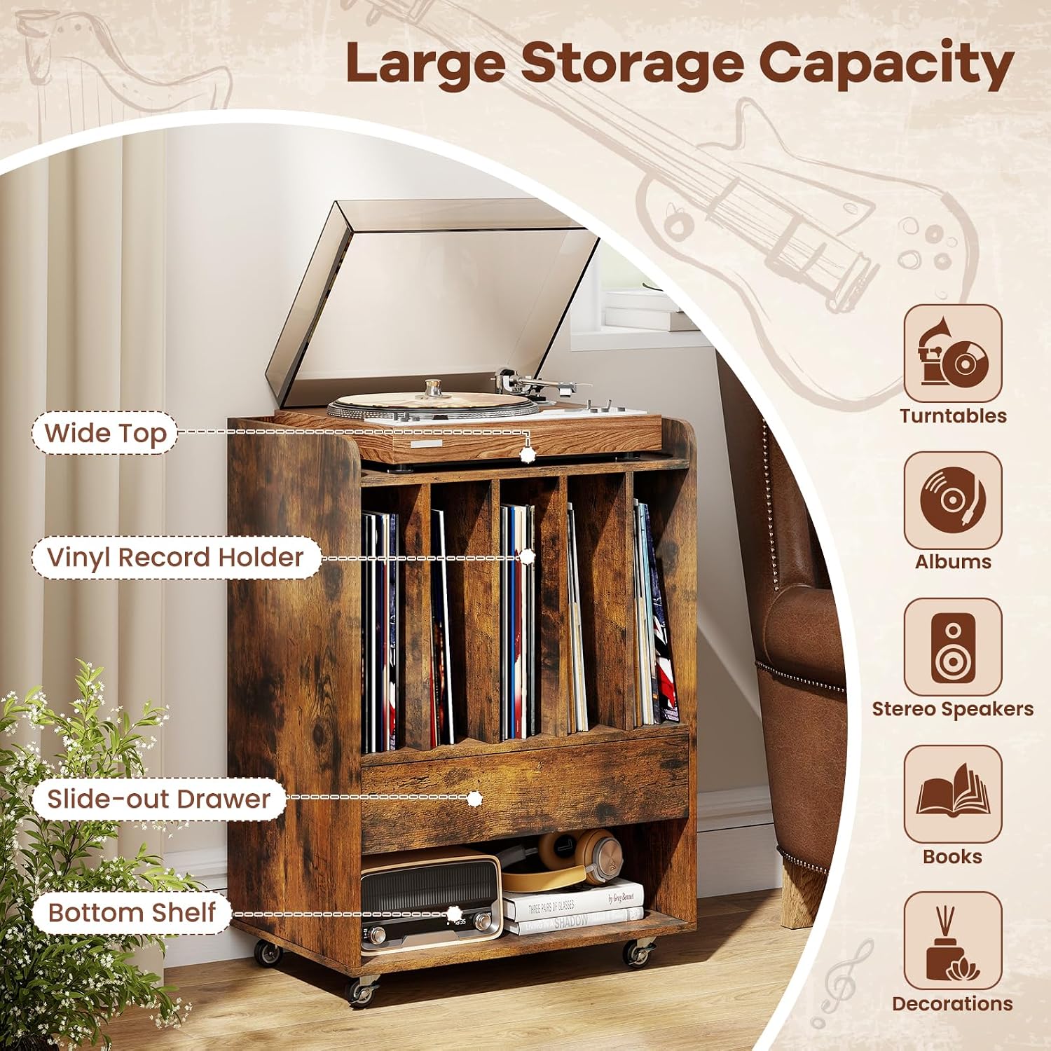 Giantex Record Player Stand, Rolling Turntable Stand with Drawer & Lockable Wheels, Record Player Table Holds Up to 150 Albums, Vinyl Record Storage for Living Room Bedroom, Rustic Brown