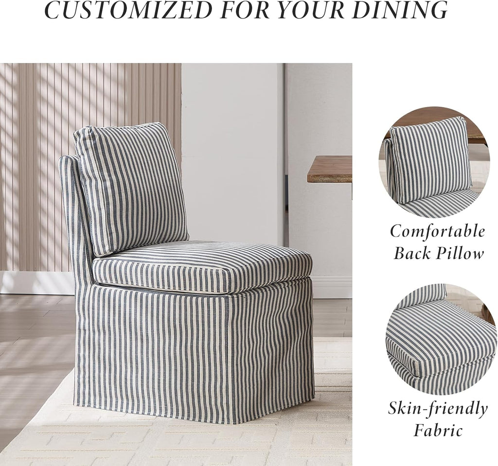 Kmax Slipcovered Dining Chairs Set of 2, Modern Upholstered Armless Kitchen Chair, Accent Single Sofa Chair for Diningroom Livingroom, Blue Stripe