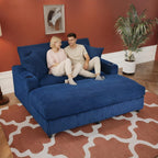 60" Oversized Chaise Lounge Chair Indoor, Upholstered Sofa Bed with Pillows & 2 Cup Holders, Sleeper Couch Comfy Corduroy Recliner Chair for Living Room, Movie Room, Bedroom, Blue
