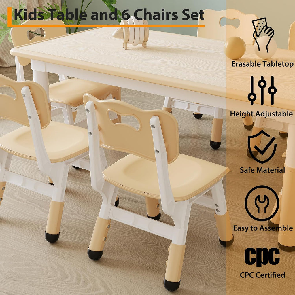 Toddler Table and Chair Set, Height Adjustable Kids Table and 6Chairs, Toddler Activity Table with Storage Boxes,Wipeable Graffiti Wood Grain Desktop,12Water Pens Included for Classroom, Natural Wood