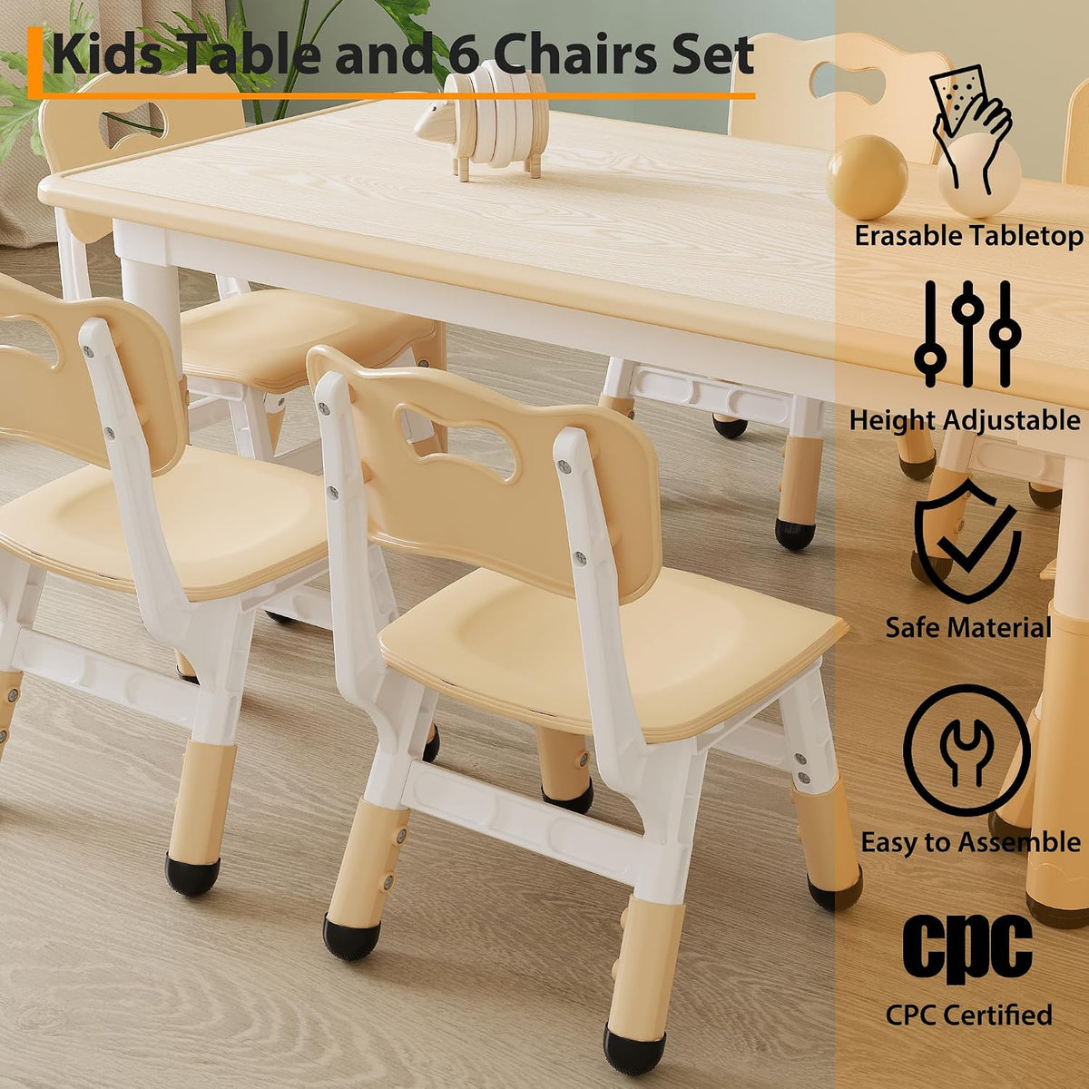Toddler Table and Chair Set, Height Adjustable Kids Table and 6Chairs, Toddler Activity Table with Storage Boxes,Wipeable Graffiti Wood Grain Desktop,12Water Pens Included for Classroom, Natural Wood
