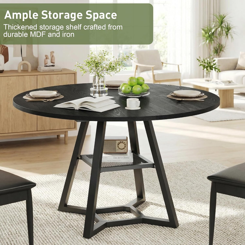 knoworld Round Dining Table for 4-6 with Storage Shelf, Kitchen & Dining Room Circle Pedestal Table, Heavy Duty Metal Frame & Wood Top