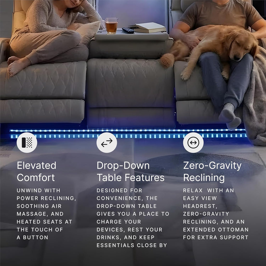 Signature Design by Ashley 3-Seat Power Reclining Sofa, Heat, Massage, Gray | Combination of leather and faux leather, Air massage, Heated seats, Drop-down table, Zero gravity, Boyington