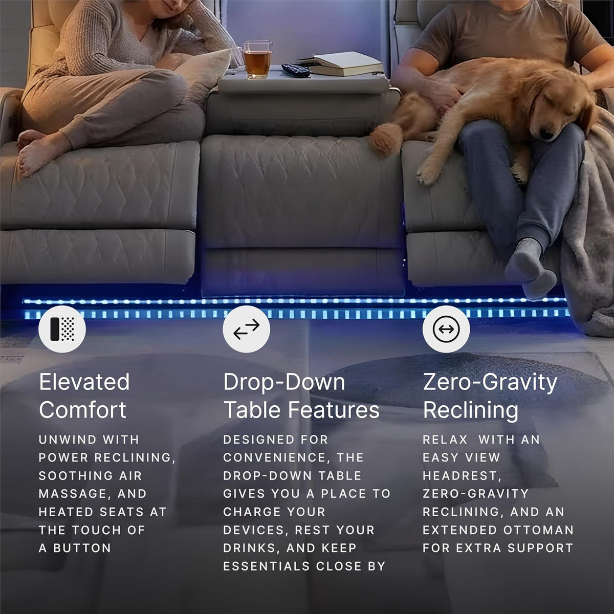 Signature Design by Ashley 3-Seat Power Reclining Sofa, Heat, Massage, Gray | Combination of leather and faux leather, Air massage, Heated seats, Drop-down table, Zero gravity, Boyington