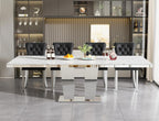 63"-94" Modern Extendable Dining Room Table for 6 8 10, Large White Faux Marble Expandable Kitchen Table with Mirrored Columnar Pedestal Base for Home Kitchen Dining Room Family Gathering