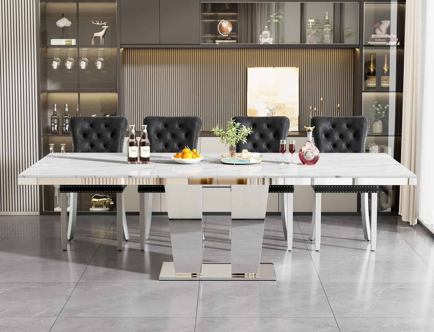 63"-94" Modern Extendable Dining Room Table for 6 8 10, Large White Faux Marble Expandable Kitchen Table with Mirrored Columnar Pedestal Base for Home Kitchen Dining Room Family Gathering