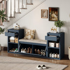 All in One Entryway Shoe Storage Bench with Cushion, Compartments, Drawers, Open Shelves for Hallway, Mudroom, Living Room Antique Navy