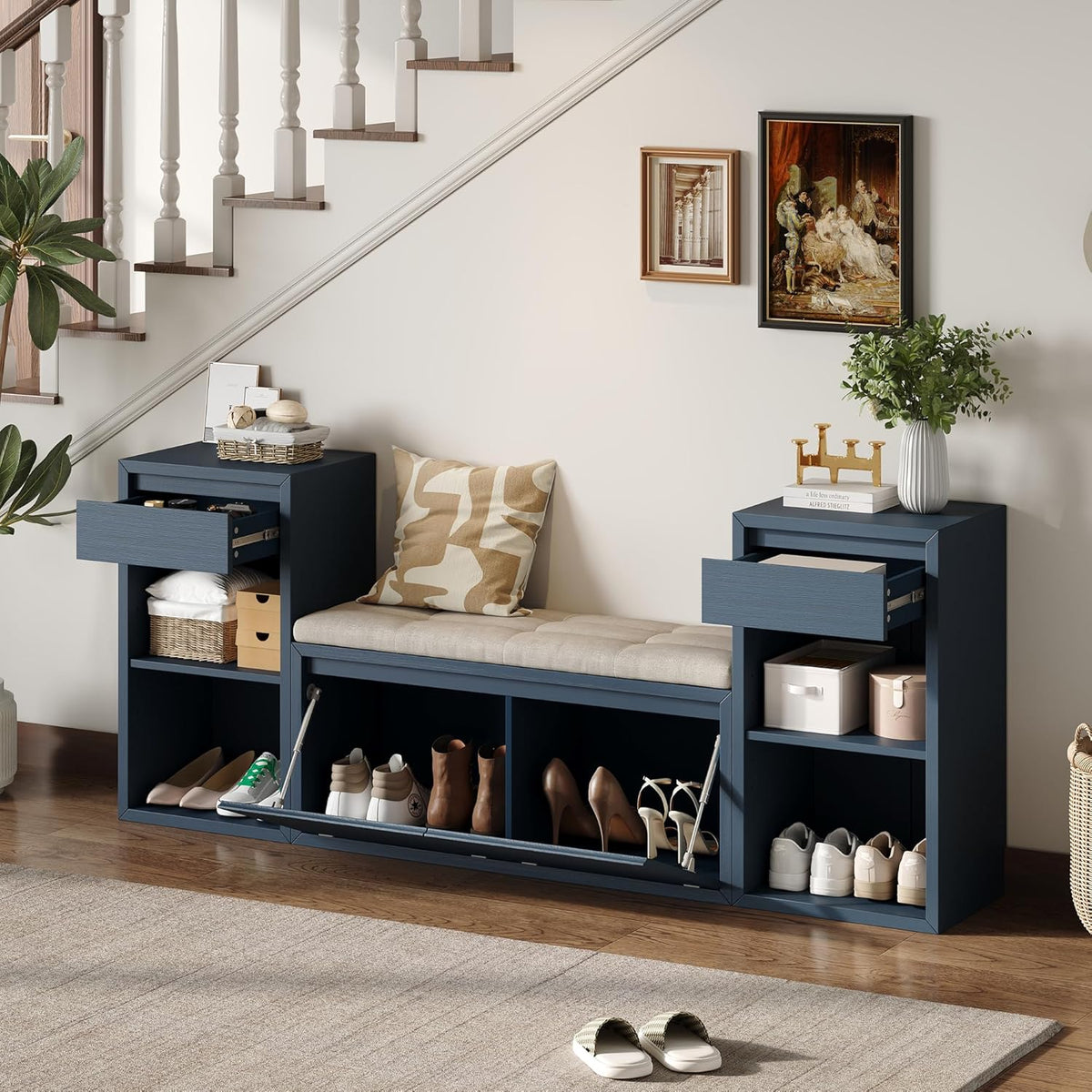 SOFTSEA All-in-One Entryway Storage Bench with Cushion, Compartments, Drawers and Open Shelves, Farmhouse Storage Bench for Hallway, Mudroom, Living Room, Antique Navy