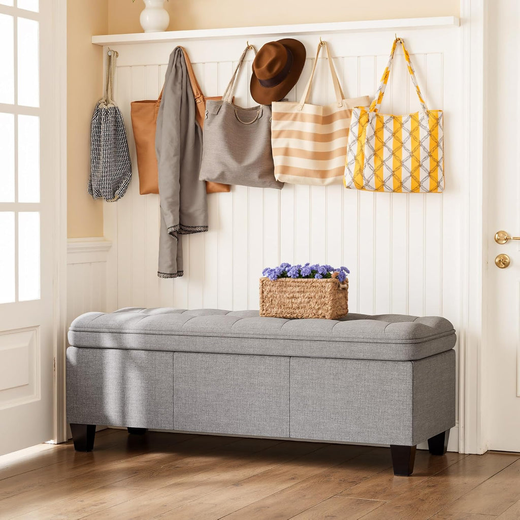YESHOMY 47 Inches Ottoman with Storage, Light Grey Linen | Storage Bench with Legs, Ottomans for Living Room, Entryway, Adjustable & Movable, Easy Assembly