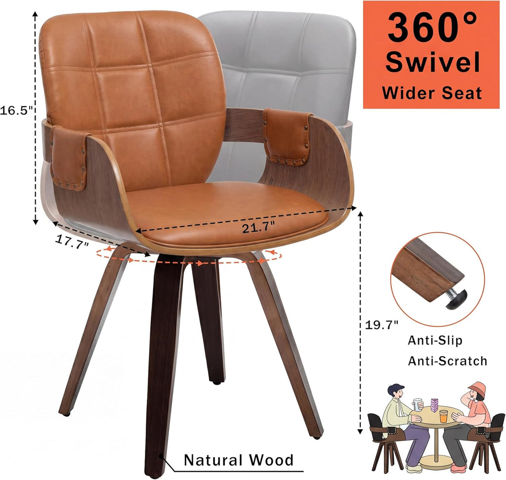 Set of 4 Mid Century Modern Chairs - Swivel Dining Chairs with Arms and Curved Back, Faux Leather Reception Room Chairs, Ideal for Kitchen/Living Room/Reception/Desk (Walnut Brown)