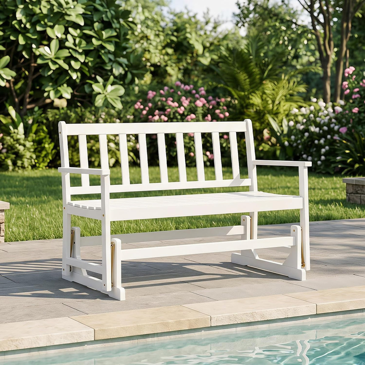 Tangkula 2-Person Patio Acacia Wood Glider Chair, 800 LBS | Armrests, Slatted Seat & Backrest, Heavy-Duty, for Porch, Garden, Backyard and Poolside