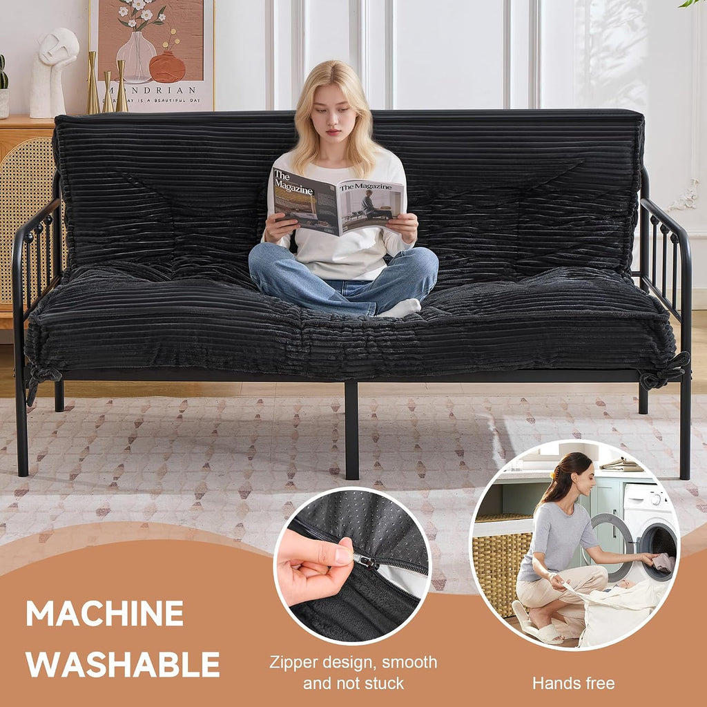 Futon Mattress Queen Size 8",Foldable Floor Mattress (Frame Not Included) | Futon Sofa Bed Thick High Density Shredded Foam,Medium Firm Japanese Style Sleeping Pad for Guest Bedroom Living,Black