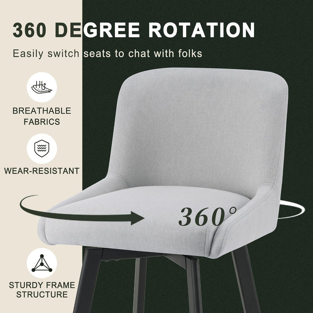 SAECKBERG Swivel Bar Stools Set of 3, 26''H Upholstered Barstools with Backs, Modern Counter Height Bar Stool Chairs for Kitchen Island, Metal Legs, Light Gray Fabric Counter Stools