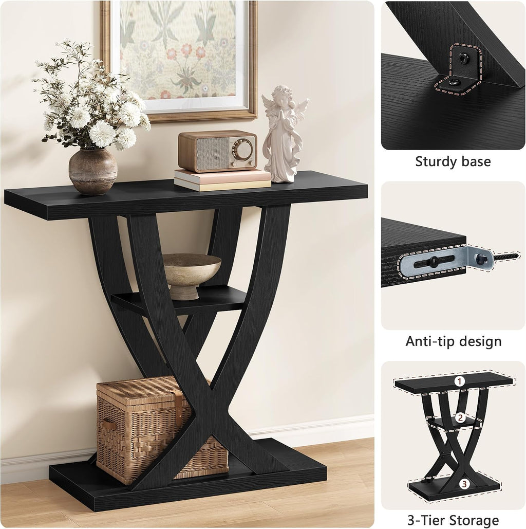FAVOOSTY Entryway Table, 3 Tier Hallway Table, Console Tables for Living Room, Narrow Entrance Table with Storage, Sofa Table Behind Counch, Accent Table for Entry Foyer, Black