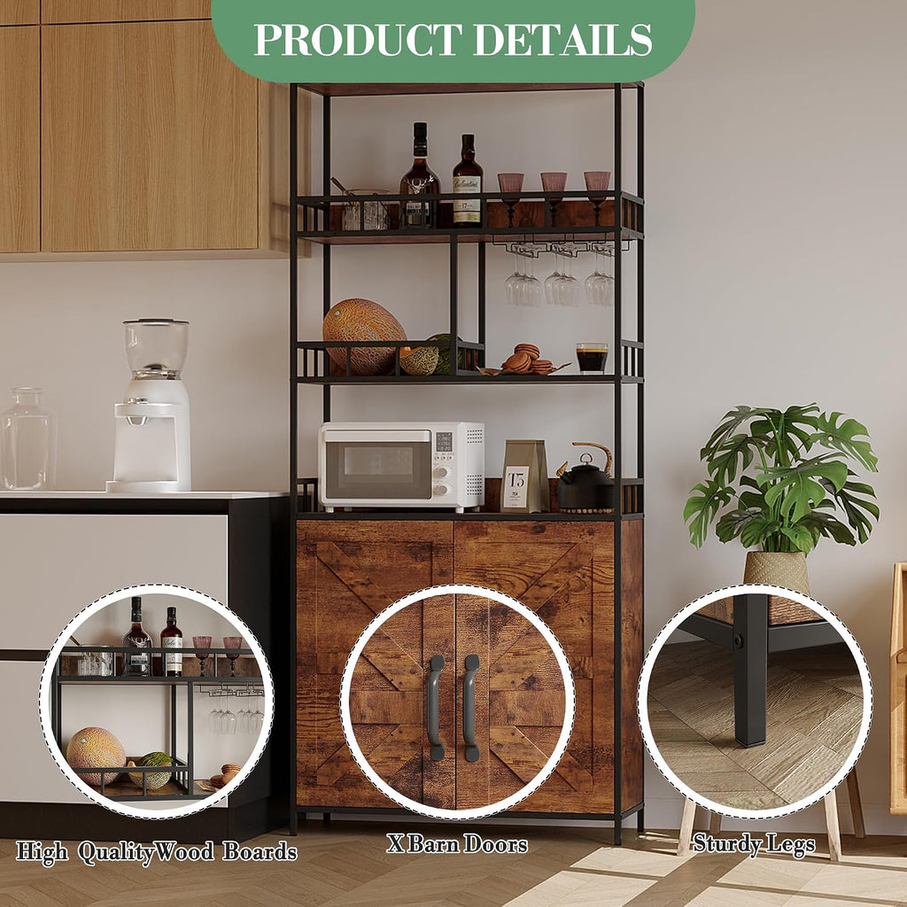 71" Tall Bar Cabinet with Wine Rack & Storage Shelves, 3-Tier Freestanding Backers Rack with Barn Door, Metal Structure Coffee Bar Table for Kitchen Dining Room, Retro Color