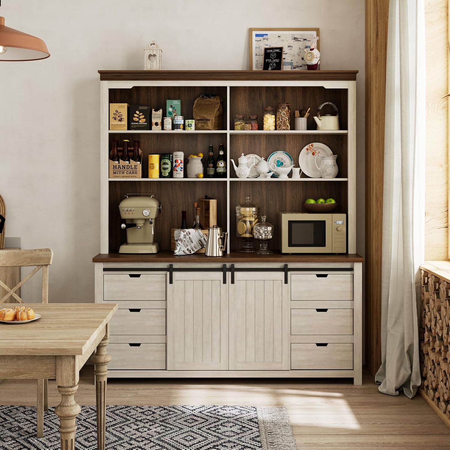 Bobve 78 * 67" Large Farmhouse Pantry Cabinet with Countertop, Buffet Cabinet,Tall Kitchen Hutch with Partitions and 6 Drawers,Suitable for Kitchen,Dining Rooms,Easy to Assemble