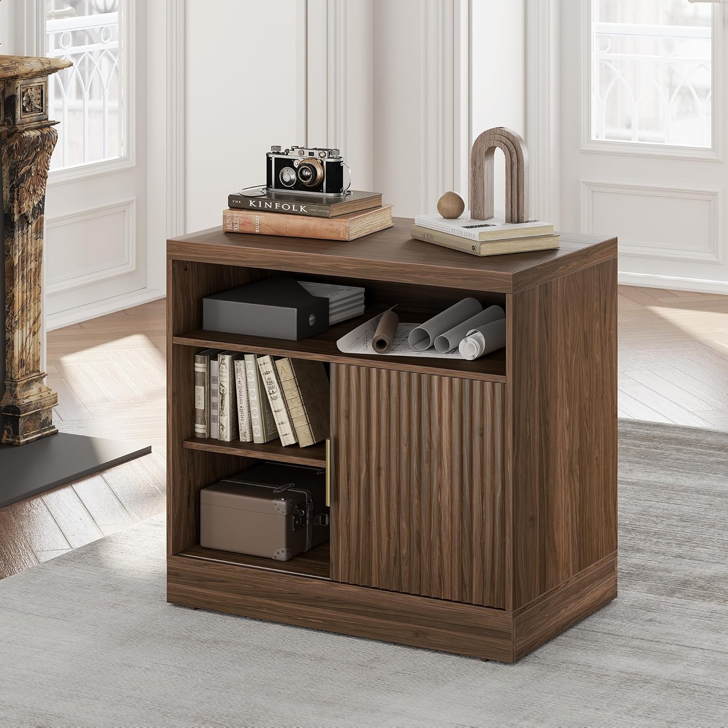 File Cabinet with Sliding Door, 32'' Fluted File Cabinet with Open Adjustable Shelves, Wood Filing Cabinet for Home Office, Black Walnut